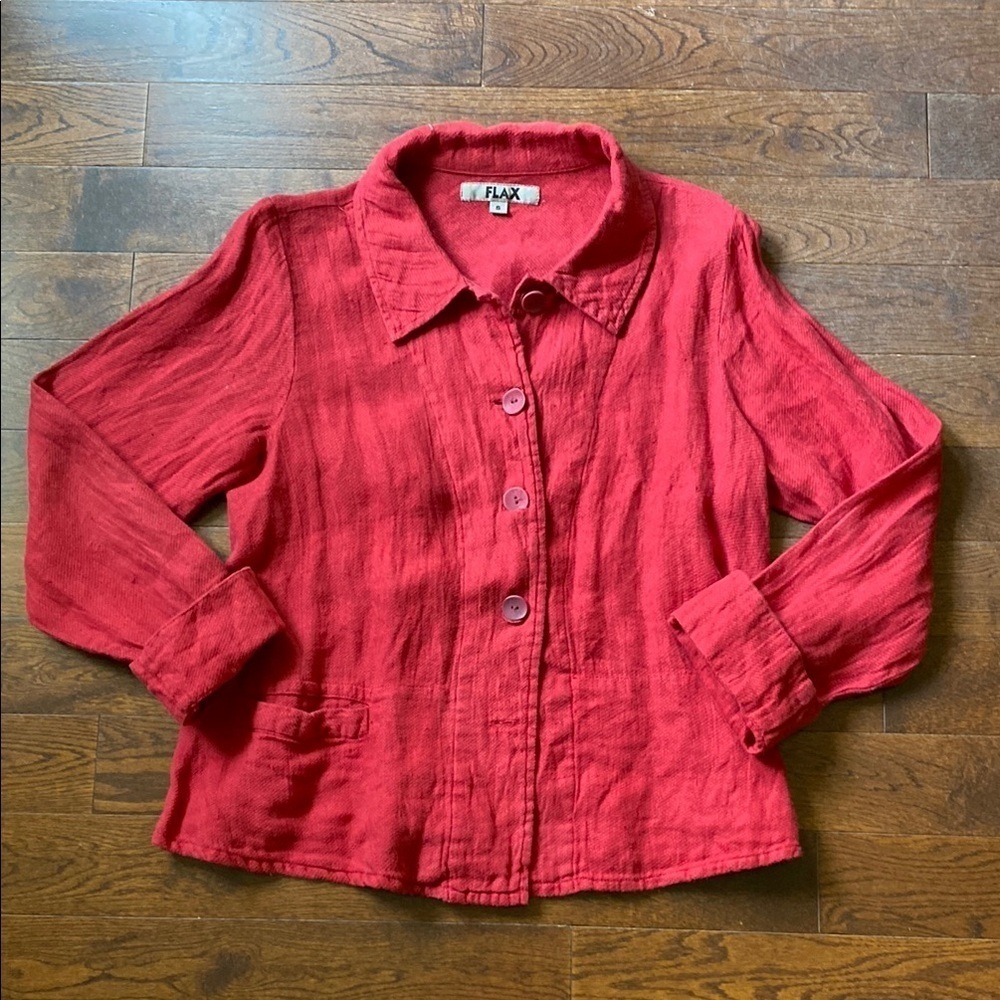 FLAX Red Linen Button Up Shirt Jacket Womens S Artsy Lagene Style Textured Tunic